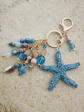 Coastal Starfish Purse Charm or Keychain  Rhodonite Opal Shell Handcrafted